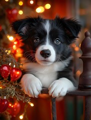 Adorable Border Collie Puppy Gazing Through Window Amid Festive Christmas Decor