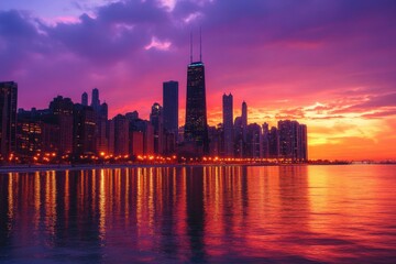 Obraz premium Vibrant City Skyline at Sunset with Colorful Hues