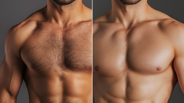 A before-and-after photo of a man&rsquo;s chest, where the left side displays body hair and the right side shows the smooth results of waxing, highlighting the contrast and the effectiveness of modern hair 