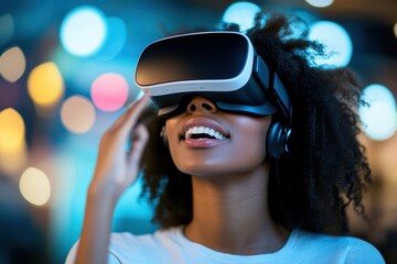 Fototapeta premium Young woman enjoying virtual reality experience with headset in a vibrant, colorful environment featuring blurred lights and a joyful expression on her face