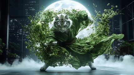 White tiger in green robe, martial arts pose, cityscape background, nature fantasy art