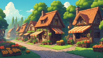 Fototapeta premium A charming 8-bit pixel art village with small wooden houses, cobblestone paths, market stalls, and lush green trees. The scene has a retro game aesthetic with vibrant colors and a nostalgic feel.