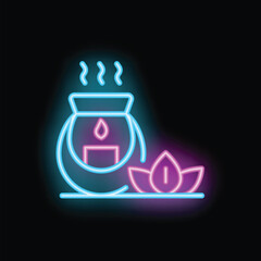 Neon sign of a candle burning inside a container, steam rising and lotus flower aside, suggesting meditation or spa
