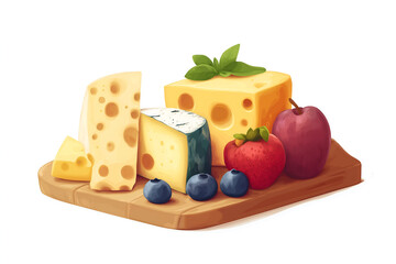 Flat design of a cheese board with assorted varieties and fruit pairings. Vector illustrations concept, white background