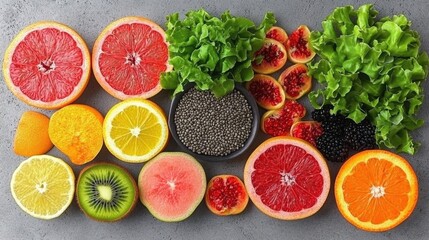 Assortment of Colorful Fresh Fruits and Chia Seeds on Gray Background