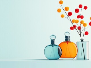 Stylish perfume bottles with colorful flowers on a minimalistic surface.