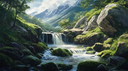 Serene mountain stream cascading over mossy rocks, lush greenery, sunlight.