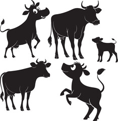 silhouettes of Dairy Cows and cute baby 