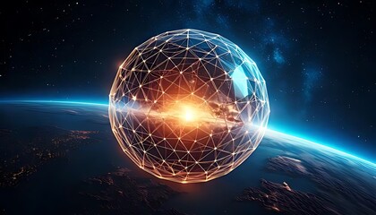 Obraz premium Translucent geodesic sphere floats, glowing above a distant planet in space (1)