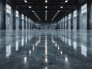 Wide industrial space with polished concrete floor and bright lights.