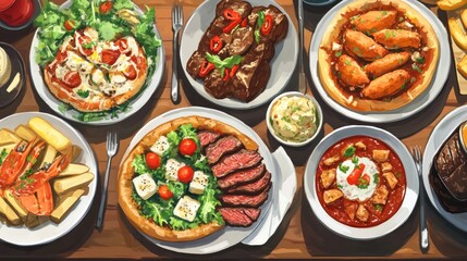Delicious food feast, overhead view