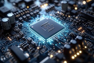 Obraz premium Close-up of a microchip on a circuit board with lights