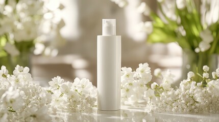A bottle of face day cream lotion is elegantly displayed on a spa table surrounded by white flowers, showcasing a clean and sophisticated product template for a skincare cosmetic concept.