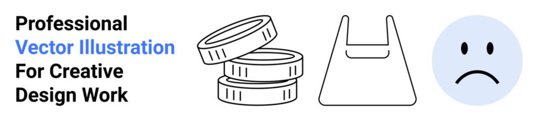Stack of coins, a plastic bag, and a sad face symbolizing environmental impact, economic balance, consumerism. Ideal for campaigns, sustainability, economy, pollution awareness climate change