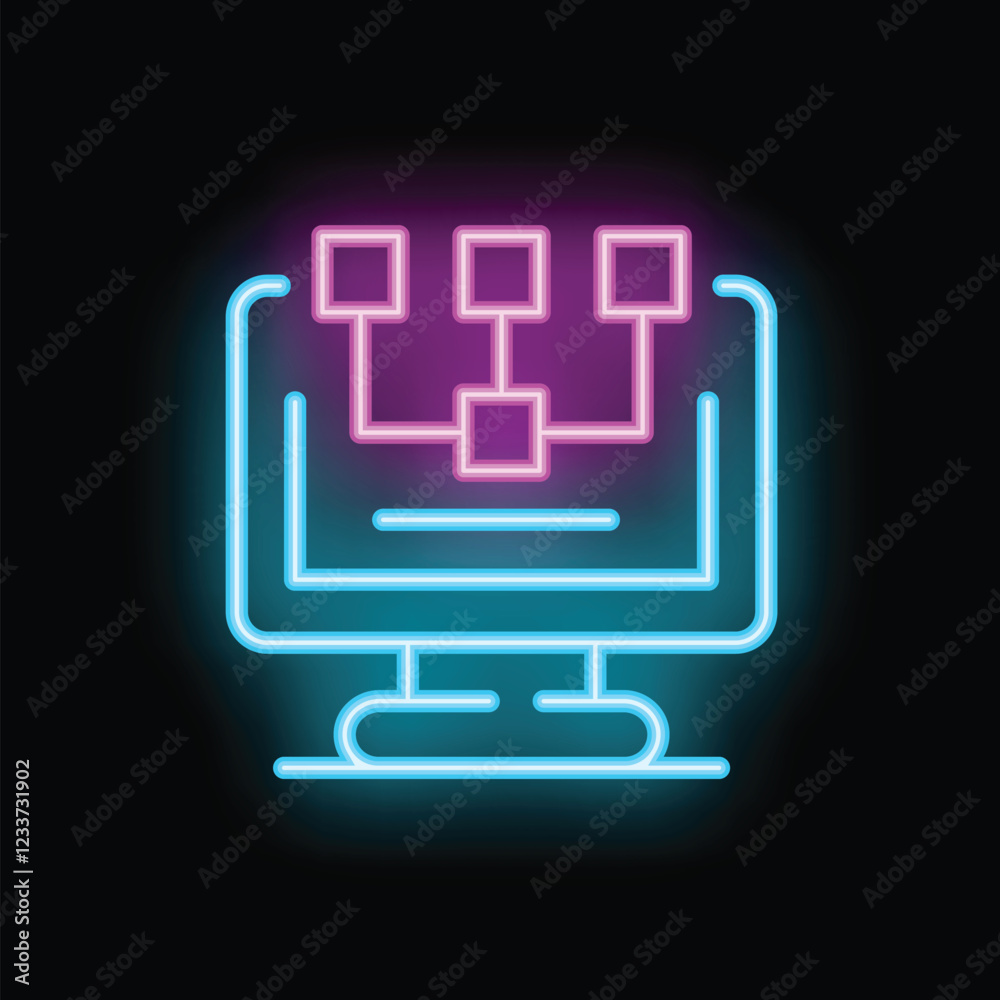 Poster glowing neon icon of a computer showing database management system on its screen, against a dark bac