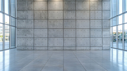 Modern building interior, concrete wall, glass windows, empty space, office design