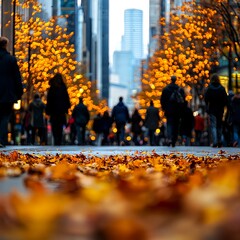 Obraz premium Autumn City Street Scene Blurred Crowd Walking Amidst