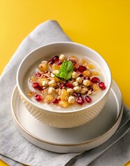 Turkish traditional dessert ashura on yellow background