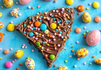 A close-up of chocolate bark with swirled patterns and colorful candy pieces, displayed on an Easter-themed background. The pattern adds visual interest to the piece while showcasing its sweet 