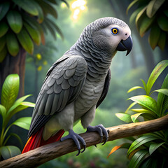 Fototapeta premium Grey parrot perched in jungle.