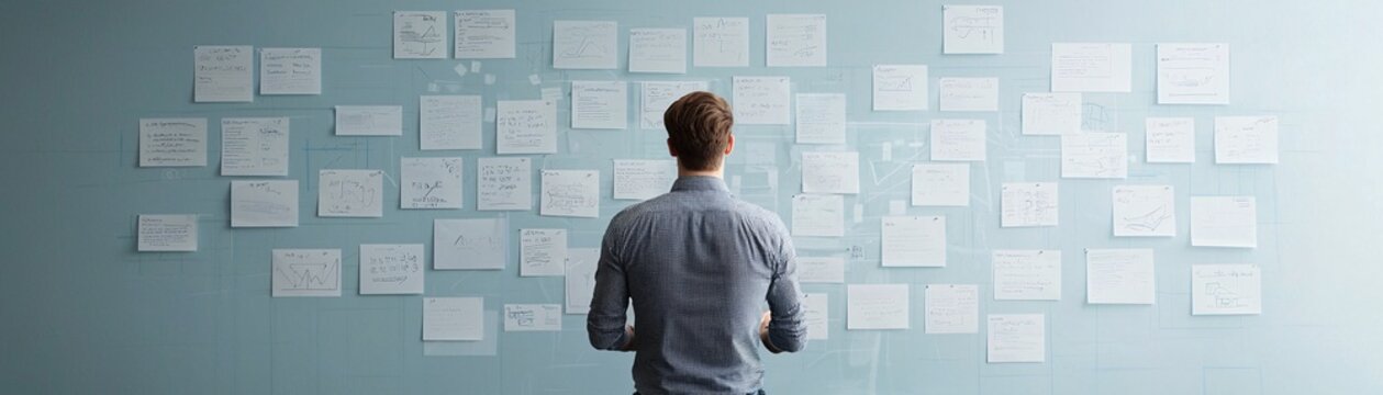 A high-level business strategist developing a vision for long-term company success, sketching ideas on a transparent whiteboard
