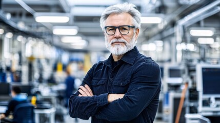 Obraz premium A successful executive standing with arms crossed in front of a bustling corporate office, symbolizing confidence, vision, and strong leadership