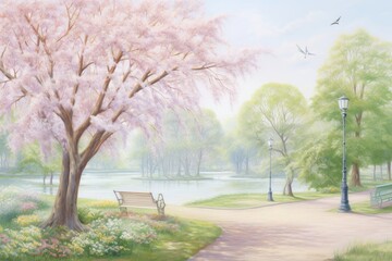 Fototapeta premium Painting of spring in park outdoors nature flower.