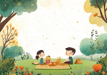 Charming family picnic in the park with a flat design style illustration