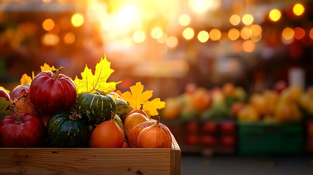 Autumn Harvest: Colorful Pumpkins and Gourds in Wooden