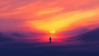 Solitary Figure at Sunset in a Dreamlike Landscape