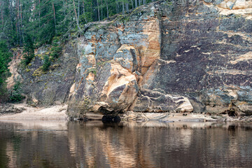 landscape with sandstone cliffs on the river bank, sandy river bank, old last year's grass, nature...