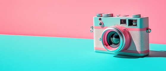 Fototapeta premium Retro camera on pastel background with pink and teal colors creating a vibrant scene