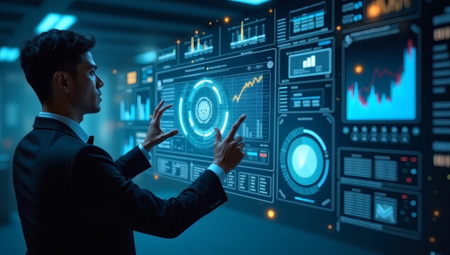 Person using futuristic HUD interface, KPI and BI, technology, data, Technology background, Business background, Finance background