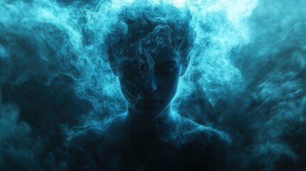 Veil of Shadows: A surreal and enigmatic portrait of a human figure, their face partially revealed through wisps of glowing blue mist, creating an aura of mystery and intrigue