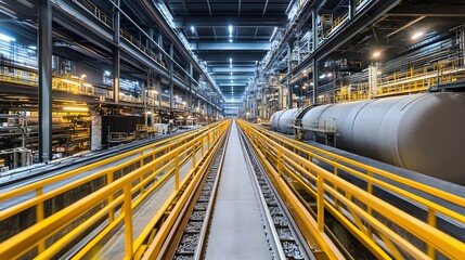 A photograph of an industrial interior, featuring steel structures and yellow guardrail walkways over tracks leading to large tanks filled with light gray oil in the background. The scene is 