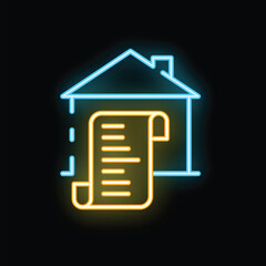 Glowing neon icon of house with list, suggesting home related paperwork