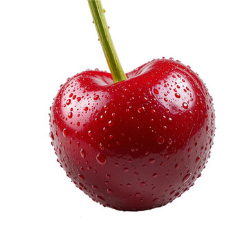 A vibrant, close-up image of a single, ripe cherry covered in water droplets.
