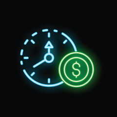 Neon business icon of clock and money symbol, representing the concept of time being valuable in the business world