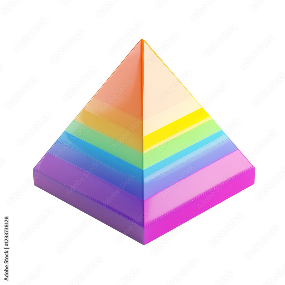 Poster a 3d rendered image of a colorful rainbow layered pyramid against a black background.
