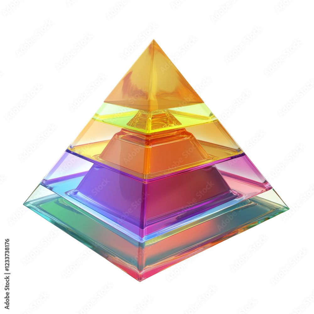 Poster A multicolored glass pyramid displays layered, translucent sections creating a rainbow effect.