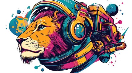 Vibrant illustration of a lion in an astronaut helmet surrounded by colorful cosmic elements
