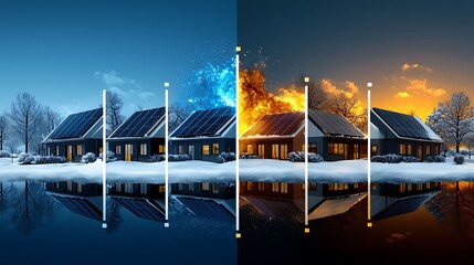 Fototapeta premium Winter homes, solar panels, energy transition, cold to warm, snowy landscape, climate change concept, website banner