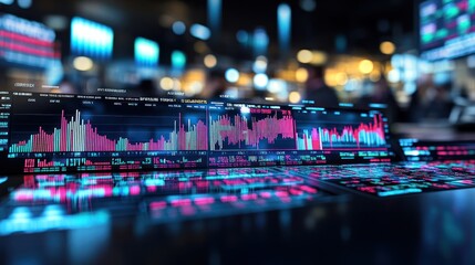 Obraz premium Financial data analysis on digital screens in trading room