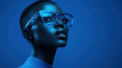 Obraz premium Portrait of a fashionable person with short hair and striking blue glasses set against a solid navy blue background, showcasing bold fashion choices and cool color contrast 