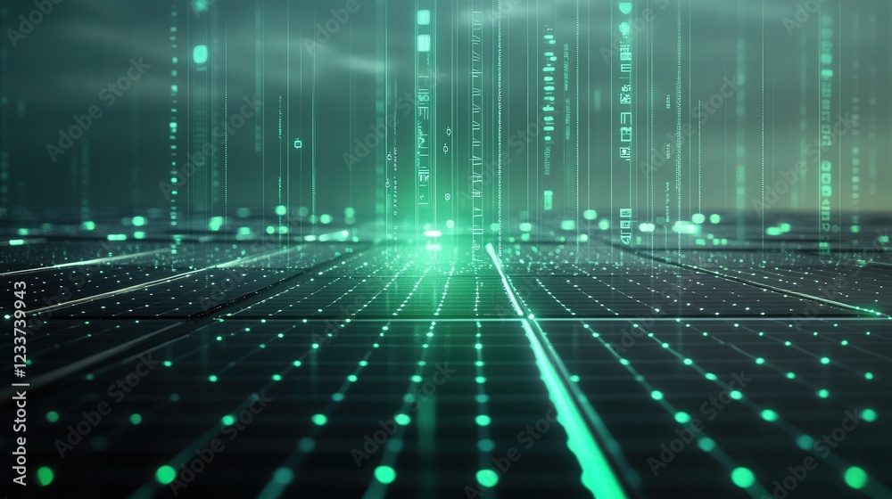 Wall mural a digital representation of a solar panel array with a glowing green futuristic data overlay, convey