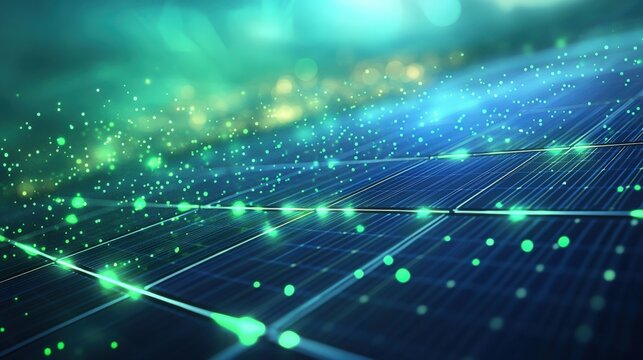 A digital representation of a solar panel array with a glowing green futuristic data overlay, conveying the concept of sustainable energy and technology in a modern setting