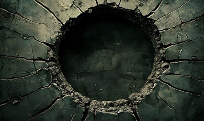 Cracked earth, circular hole, dark background, apocalyptic scene, background texture