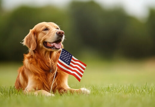Golden Retriever with American Flag celebrates patriotism in a grassy field - Powered by Adobe