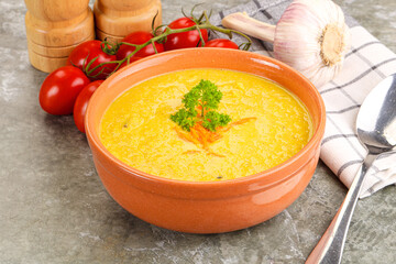 Vegetarian corn cream soup served parsley