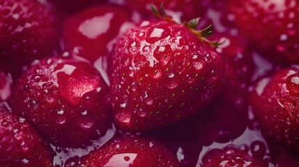 A stunning close-up of ripe strawberries covered in dewdrops, reflecting a deep red color with hints of sweetness and a mouthwatering taste